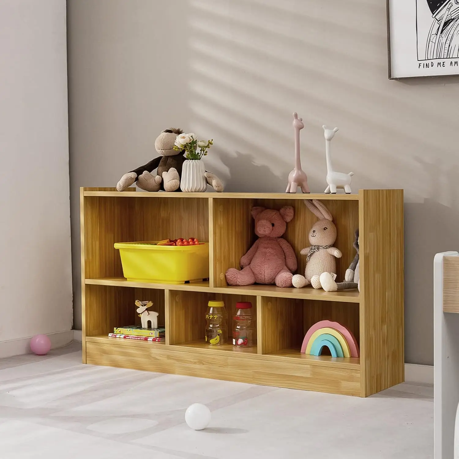 Costway Kids Toy Storage Organizer, 5-Section Storage Daycare Shelf for Preschool, Children 2-Tier Open Wooden Display Book Shelf Organizer for Classroom, Playroom & Nursery, Kindergarten