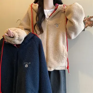 No.1 American Retro Lamb Wool Embroidered Plaid Stitching Hooded Coat for Women Autumn and Winter New Loose and Warm Sweater Cardigan Womenswear Jackets Tops Comfort Long Sleeve Fitted Baggy Oversize Oversize Womenswear Jackets Oversize glass cleaner