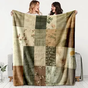Vintage Patchwork Floral Flannel Blanket, Soft Lightweight Warm, Perfect for Bed Sofa Office Camping Travel, Ideal Gift, Soft and Lightweight, Lightweight Throw Blanket, Bedroom Blanket, Lightweight Cozy Blankets,summervibes