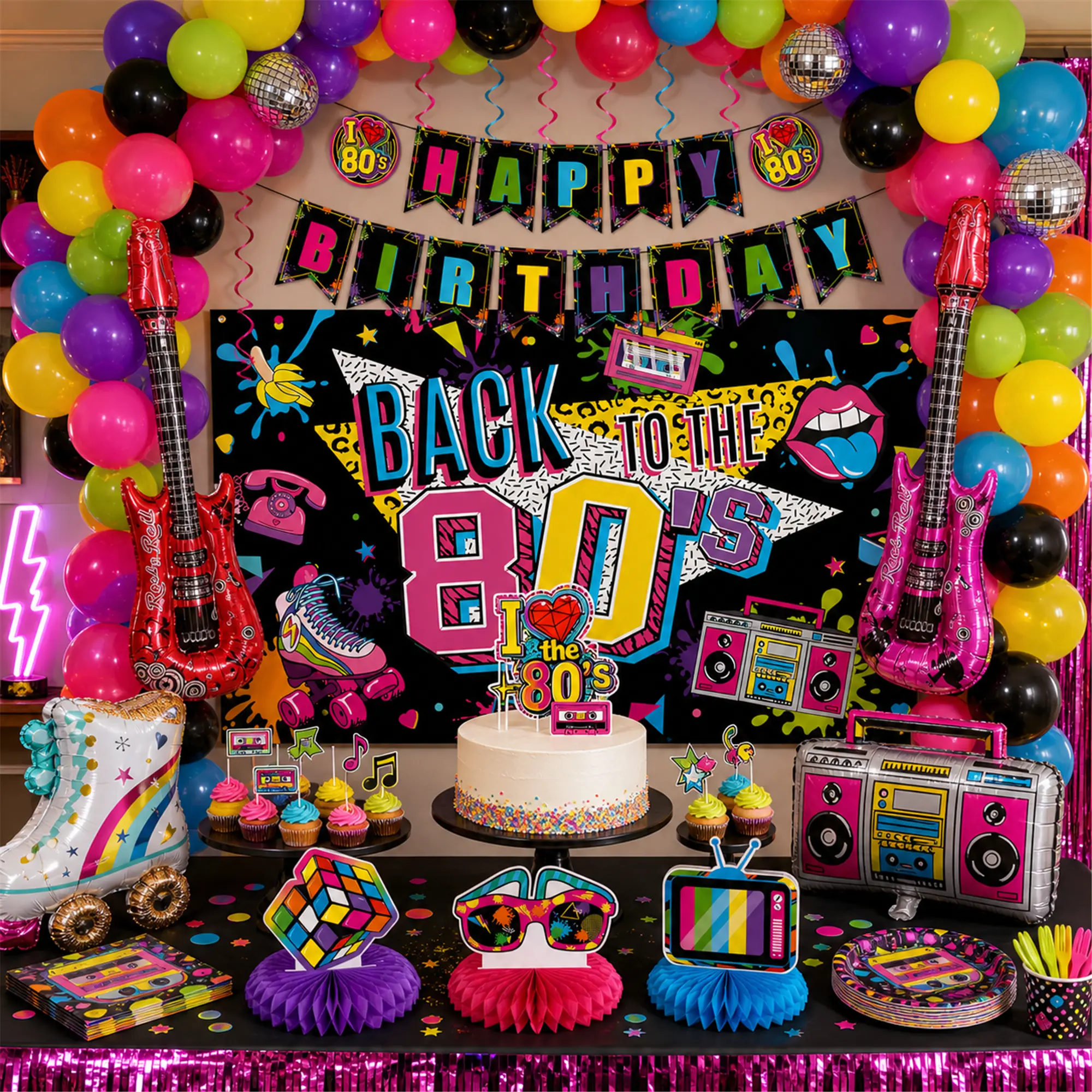 80s Theme Birthday Party Decorations | Back to the 80s Banner Backdrop Guitar Radio Balloons Retro Party Supplies