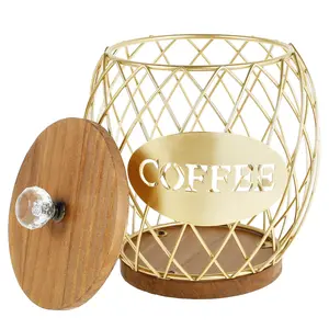 Coffee Pod Basket Holder Metal Coffee Pod Storage Basket with Dust Cover Hollow Design Large Capacity Coffee Pod Storage Basket Easy to Store Suitable for Kitchens,Gold