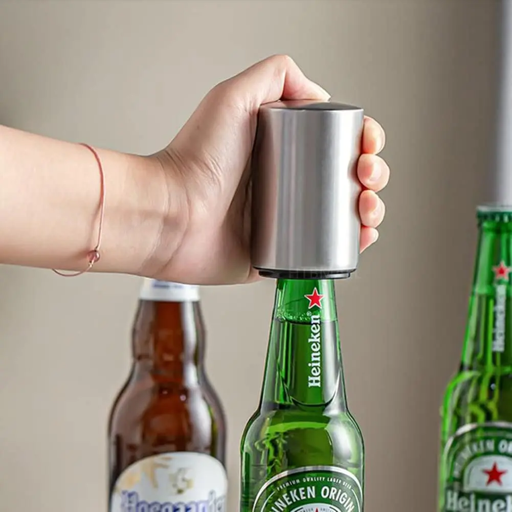 Premium Magnetic Automatic Stainless Steel Bottle Opener | Push-Down for Quick Cap Removal in Kitchen, Bar & Restaurant plastic tab