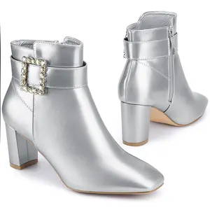 BLISSFUL STEP Women's Rhinestone Buckle Decor Square Toe Chunky Heel Ankle Boots