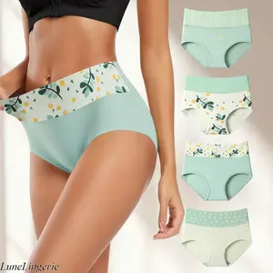 Women's LuneLingerie 4-Pack Fresh Green High-Waisted Cotton Print Comfortable Panties, Premium Washable Hug-Fit Plus Size (XS-XXL) Everyday Underwear