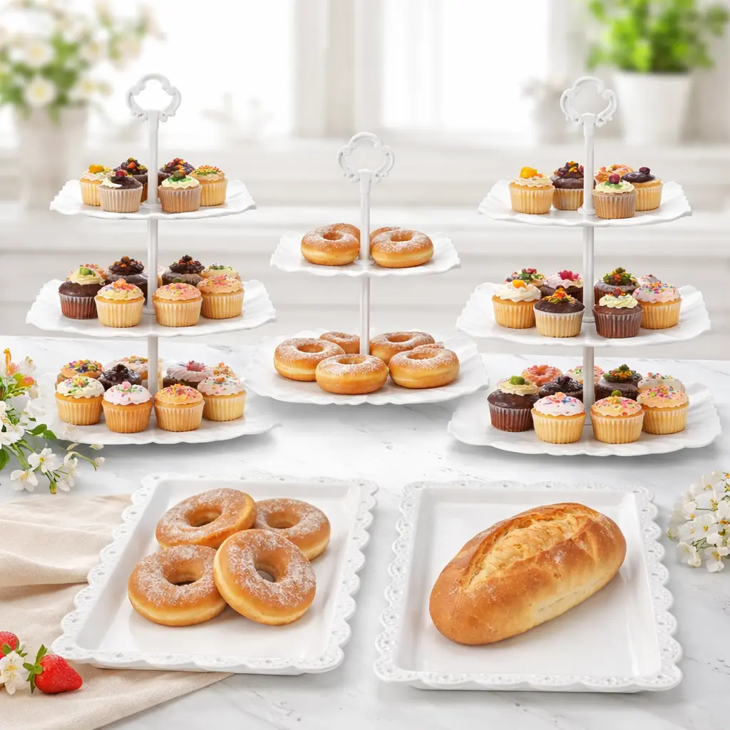 Plastic Cake Display Stand Set (5pcs: 3 Stands + 2 Trays) - 3-Tier & 2-Tier Dessert Tower, Appetizer/Fruit Trays, Quick Setup for Wedding, Birthday Parties (Kitchenware Bakeware Baking Utensils)