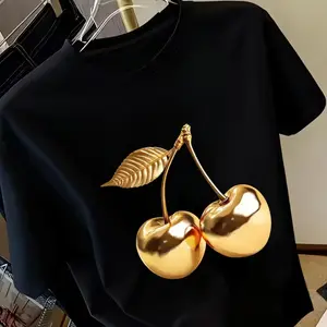 Elegant Gold Cherry Print Short Sleeve Women T shirt Fashionable Casual Comfortable Soft Fabric Breathable Spring Summer Essential Leopard Design Black Streetwear tiktokshopspringglowup
