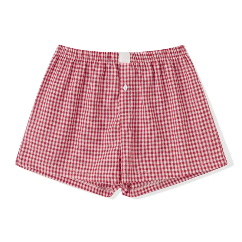 Meihuida Women's 2-Piece Cute Nightwear Set - Plaid Checked Boxer Shorts with Elastic Waist, Button-Up Crop Tee & Oversized Tank Top, Loose Day Lounge Wear for Beach, Party Use