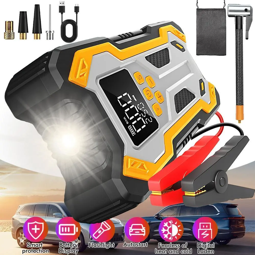 【BackToSchool】 Portable Jump Starter with Built-in Tire Inflator, 150PSI Air Compressor & Power Bank, Emergency Battery Jumper for Cars, Motorcycles & Sports Equipment, Includes Flashlight