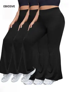 3-Pack Plus Size High-Waist Stretchy Flare Pants Set - Solid Color Athletic Trousers with Tummy Control, Pockets, Long Length, All-Season Comfort, Machine Washable Yoga Essentials summerwins