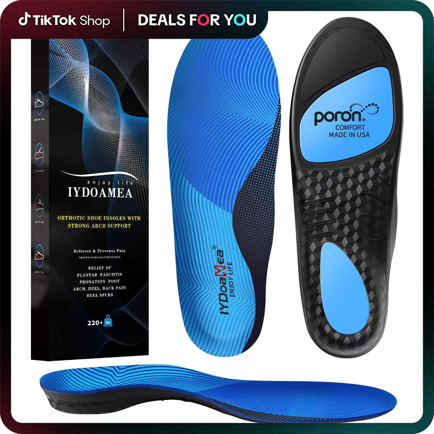 IYDoaMea 220+ lbs Maximum High Support Orthotic Insoles for Men Women - Poron+EVA Sole, Active Casual Wear Use, Arch Shape Correction, Sweat-Absorbent Breathable Plantar Fasciitis Relief for Standing All Day, Roomy Styles