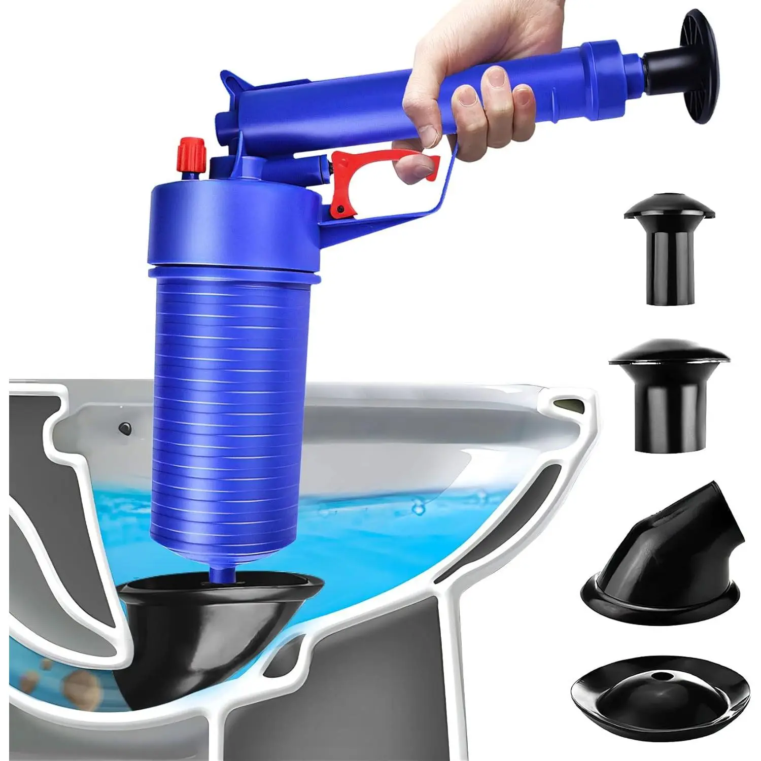 Plunger Set, Drain Clog Remover with 4 Sized Suckers, High Pressure Air Drain Gun, Tub Drain Cleaner Opener, Sink Plunger for,,, Drain, Clogged Pipe Blue.    （Translation note: text contains multiple product names and descriptions, and the translation nee