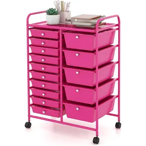 15-Drawer Rolling Storage Cart - Under Desk Storage Drawers with wheels for Craft Art Supply Paper Salon, Scrapbook Paper Tools, Mobile Utility Cart for Classroom (15 Drawers, Hot Pink)