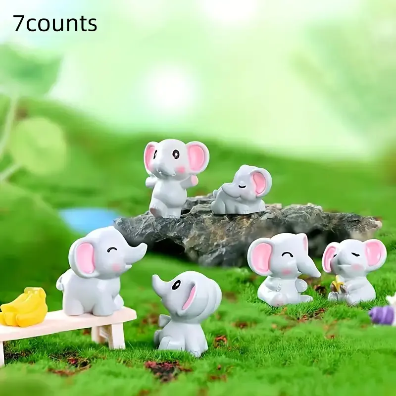 Resin Animal Figurines Set, Decorative Resin Sculptures, Includes Banana & 6 Cute Elephants, DIY Bonsai Micro Landscape Decor, Desktop Cabinet Ornament, Home Decoration, Garden Accessories