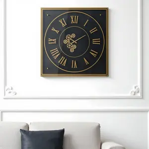 360 stand 35 in. Black & Gold Contemporary Decorative Square Wall Mount Clock - Mechanical Metal, Glass & Iron Exposed Gear Design, Industrial Home Decor Accessory for House Living Room, Mounted Wall Clocks