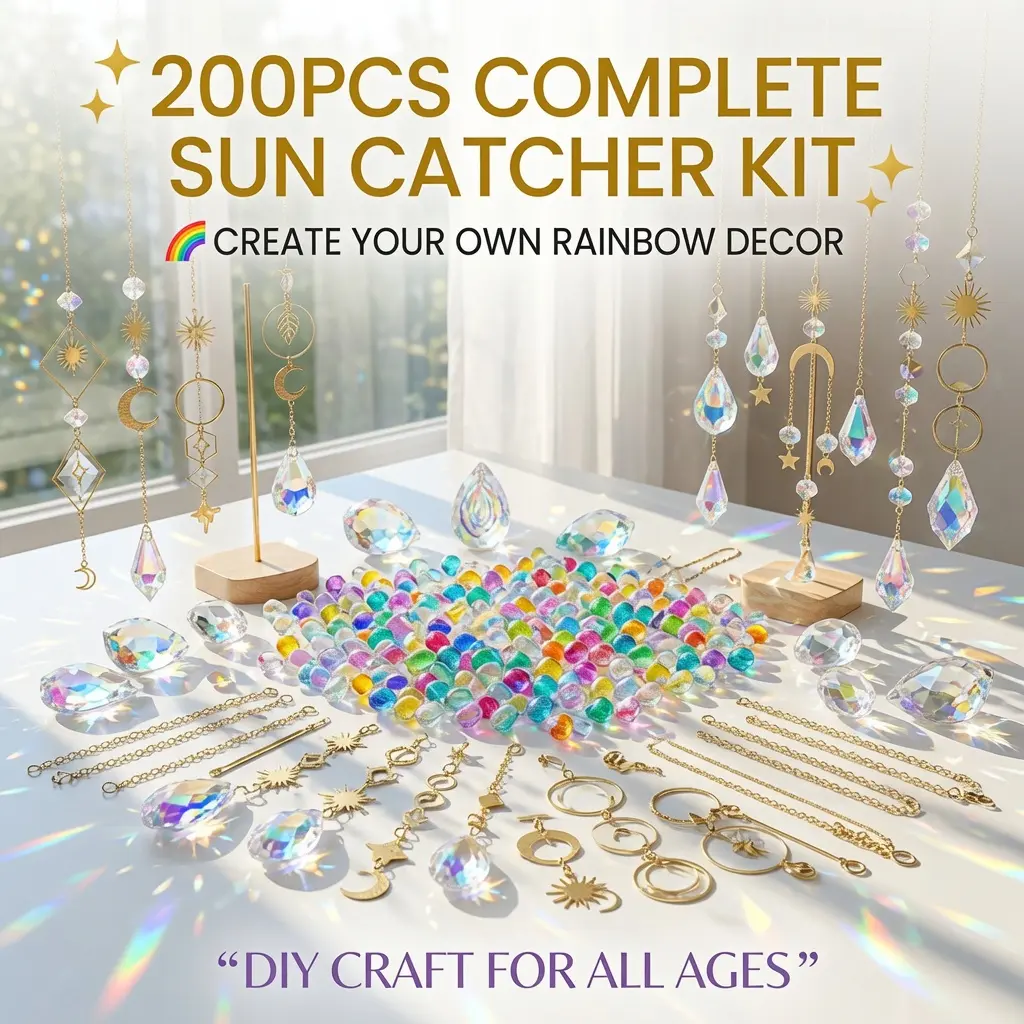 200PCS Kids' DIY Suncatcher Making Kit - Crystal Prism Rain Maker, Stained Glass Window Hanging, Moon & Snowflakes Craft Set, Room Accessory, Handmade Holiday Gift for Mother & Daughter, Windows