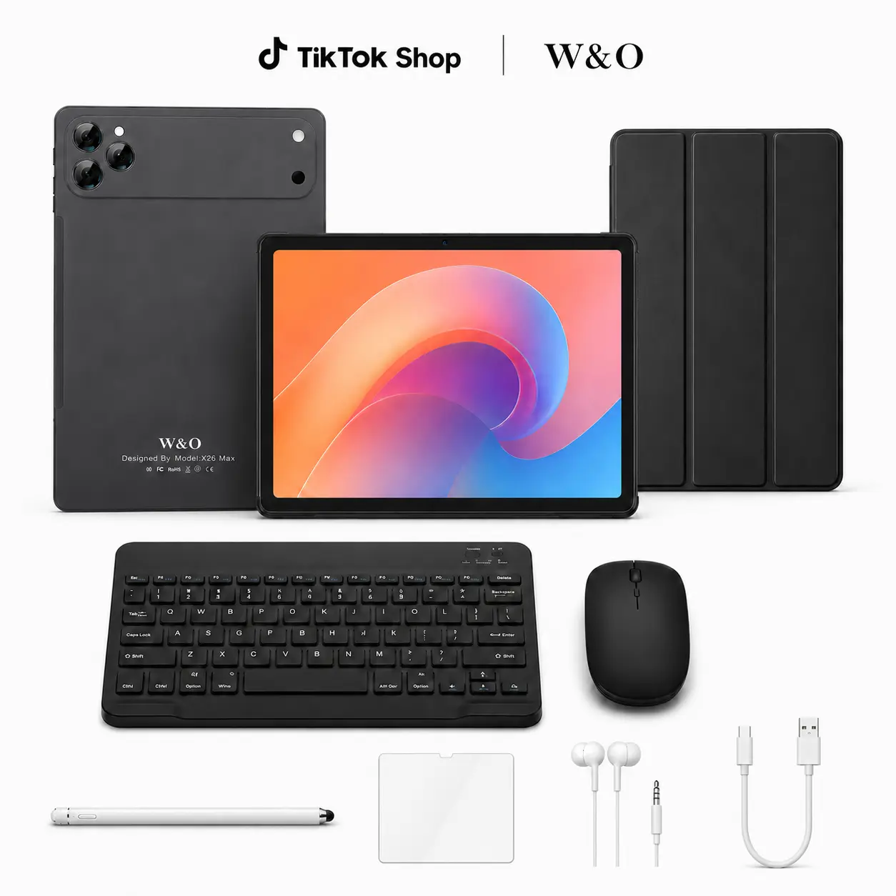 W&O 2026 Android 15 11-inch Tablet with Cellphone Compatibility, 5G WiFi, 12GB RAM + 256GB Expandable Storage, 10000mAh Long-Lasting Battery, Keyboard, Mouse, Case, Stylus, Dual Camera, Portable Work Device, Back to School Valentine's Day Gift Bundle