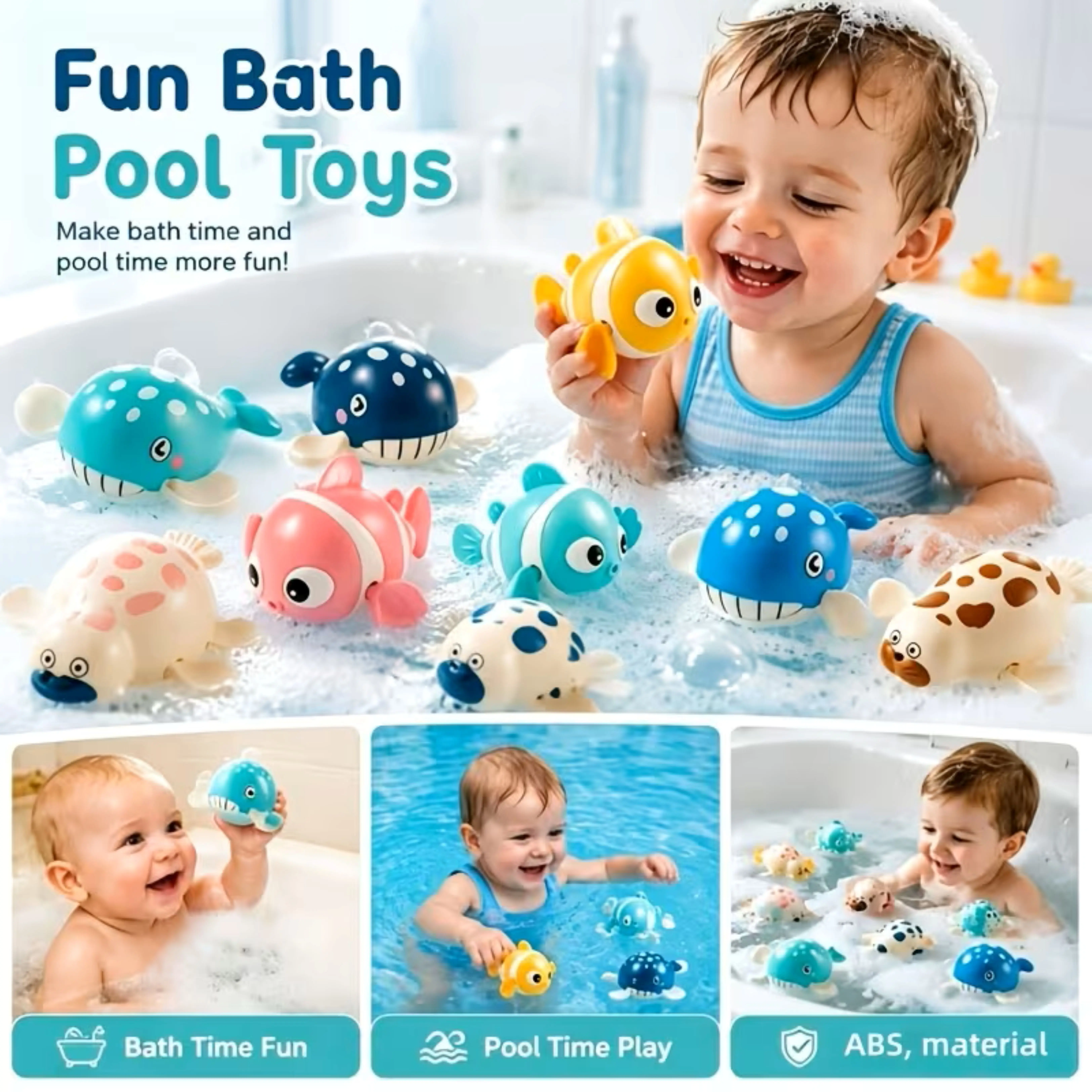 6PC Wind-up bath toys for babies and toddlers,  (Clownfish / Whale / Seal). Cute cartoon shapes develop kids' fine motor skills and make bath time fun for little ones.