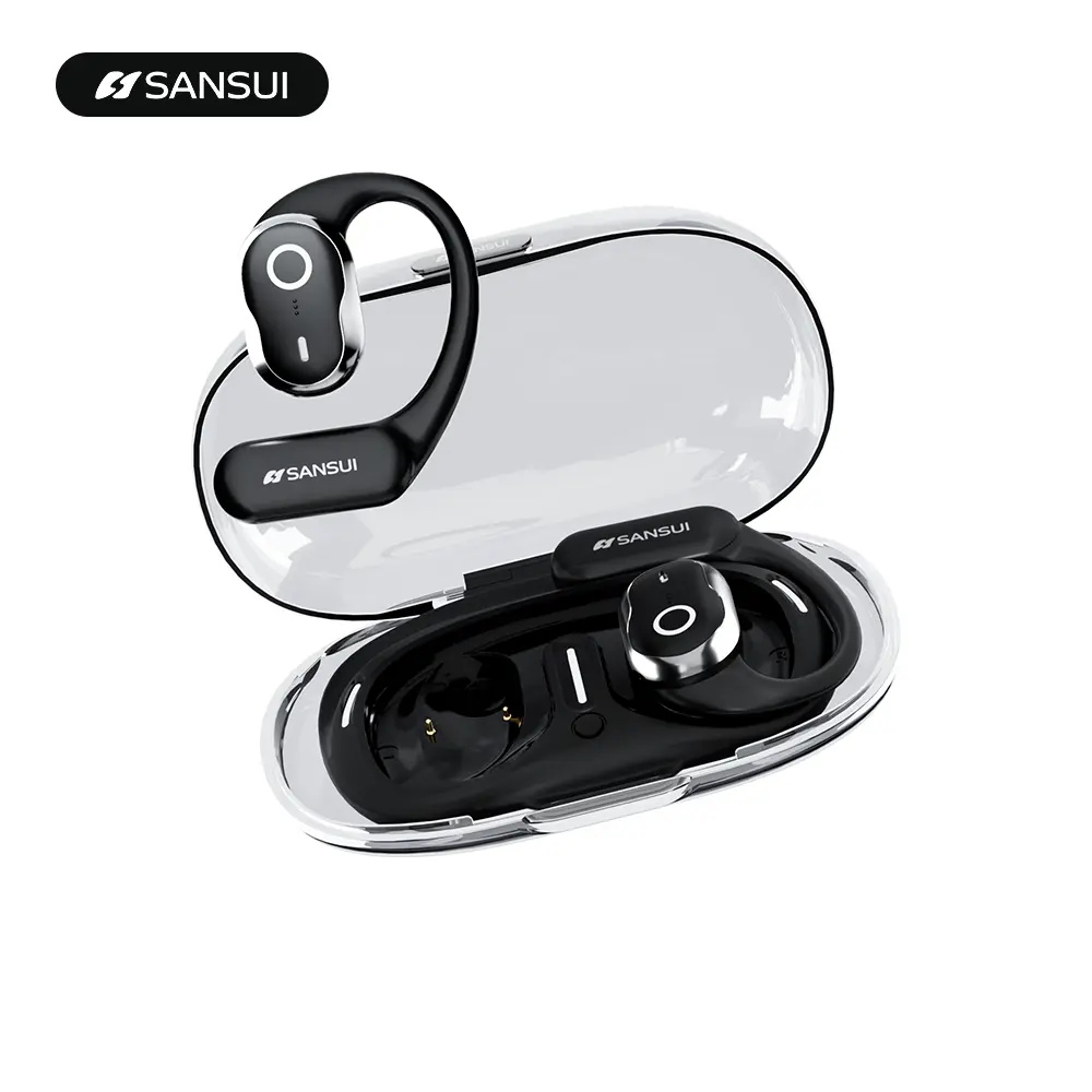 Sansui W26 Bone Conduction Earbuds ,Ultra Open Bluetooth 40hr Audio Playtime ,Noise Cancellation Waterproof  , video product headset open-ear earbuds