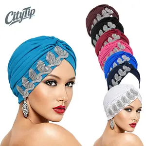 New Women's Turban Head Wrap Solid Color Chemo Cap Pre-Tied Stretch Beanie Hat Leaf Rhinestone Decoration Cancer Cap Hair Loss Headscarf Hijab Turban Soft Breathable Daily Wear Multi Color