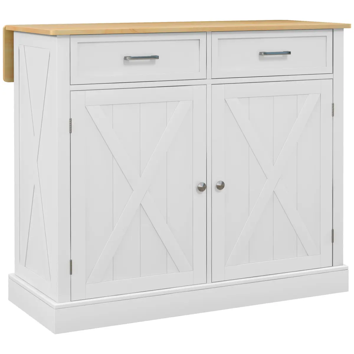 White Farmhouse Kitchen Cart with Wheels, Wood Drop-Leaf Breakfast Bar, 2 Drawers, Adjustable Shelves, 83.80 lbs Load Capacity, Storage Cupboard, Assembly Required, Space-Saving Indoor Piece to Create a Cozy Dining Spot, Rubberwood