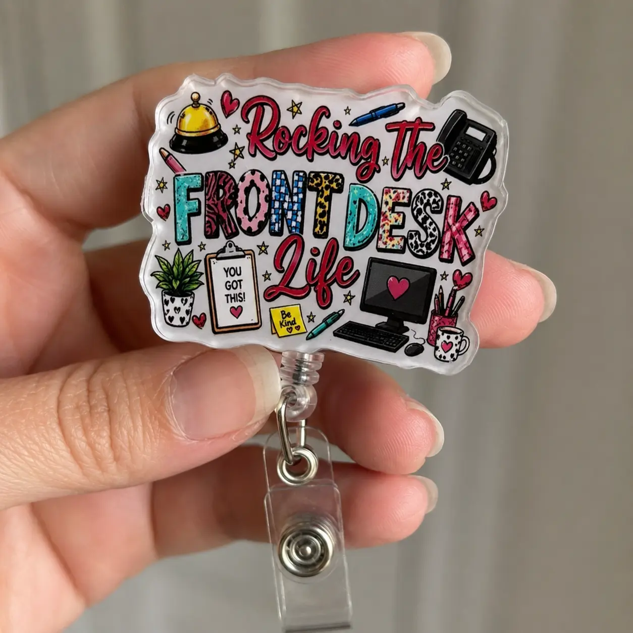 Badge Reels for Front Desk Staff, Rocking the Front Desk Life Cute Acrylic ID Holder, Retractable Clip Hotel Office Receptionist Gift
