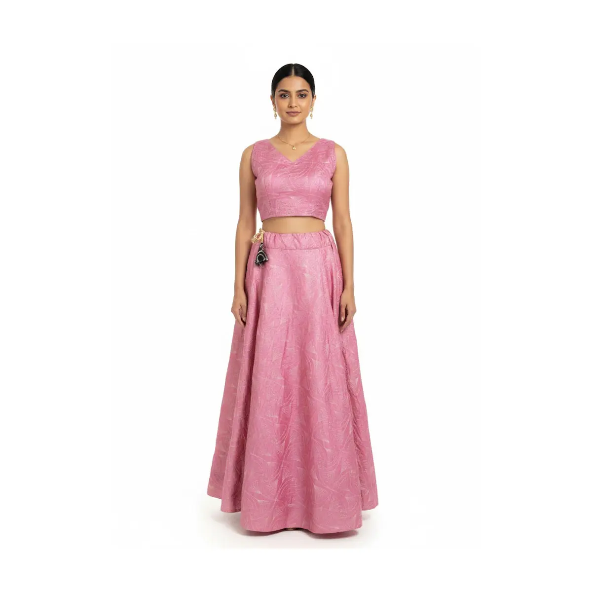 #K59 Pink Textured cotton/rayon Mix  Jacquard Lehenga Set (Crop Top + Flared Skirt) | Festive/Wedding Wear