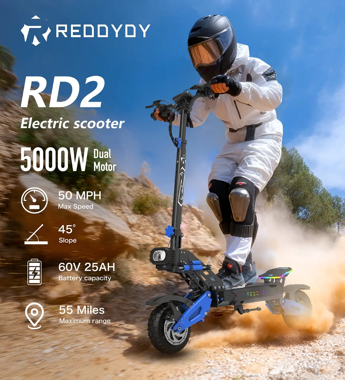 REDDYDY RD2 5000W Off-Road Electric Scooter for Adults - 50 MPH,60V 25Ah Battery,55-Mile Range,Dual Motor, 10.5" Tires,Hydraulic Brakes,Front&Rear Suspension,Foldable,Best Gift, Summer Vibes