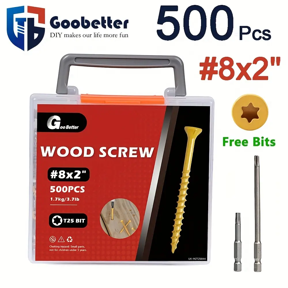 500pcs #8X2" Value Pack Wood Screws Deck Screws Flat Head Rust Resistant Epoxy Coated Bronze Bit Included Wood Fasteners, Exterior Deck Screws with Yellow Ceramic Coating, Outdoor Rust Resistant Self Taping Screws, T25 Drive Bit Drive