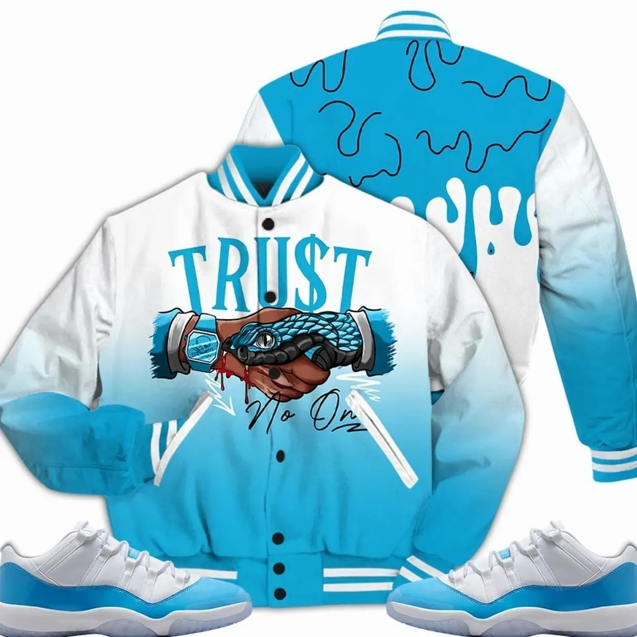 11 Low University Blue Varsity Jacket, Low University Blue 11s Outfits, Snake Trust No One Unisex T-Shirts To Matching Sneakers