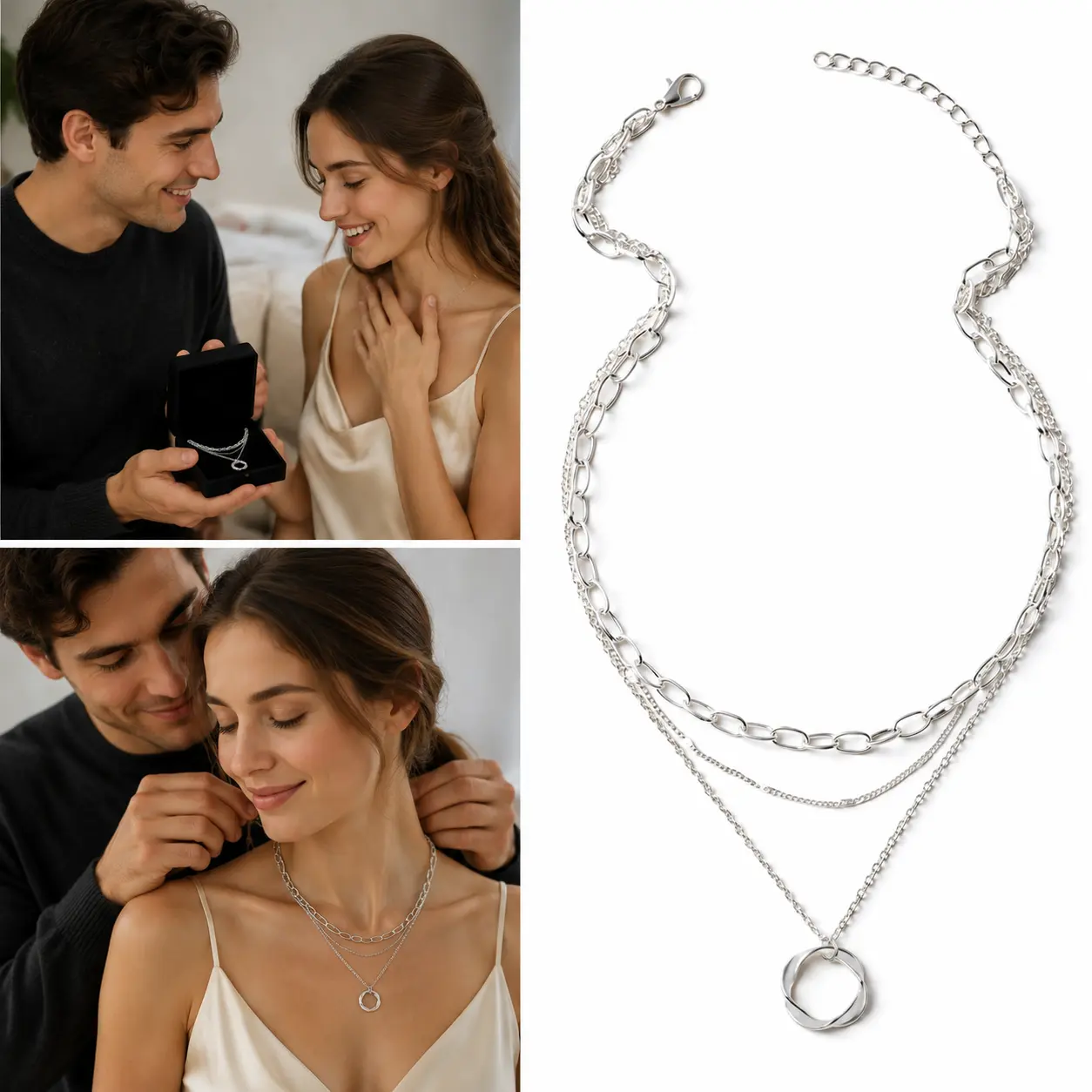 paper clip necklace Silver Plated Layered Necklace for Women, Stackable Choker Chain Necklace with Circle Pendant, Trendy Dainty Jewelry Set for Party Daily Wear, Birthday Gift for Her
