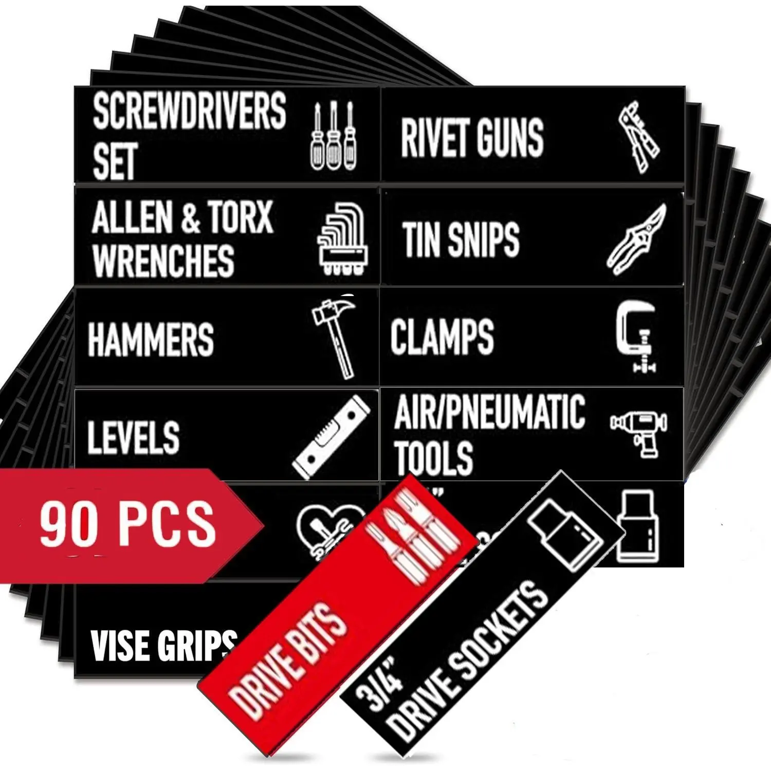 Magnetic Label Set for Toolbox Organization - 90 Large, 3.5x1.0 in Black Labels with Strong Magnets, Compatible with All Steel Tool Chest Drawer Brands