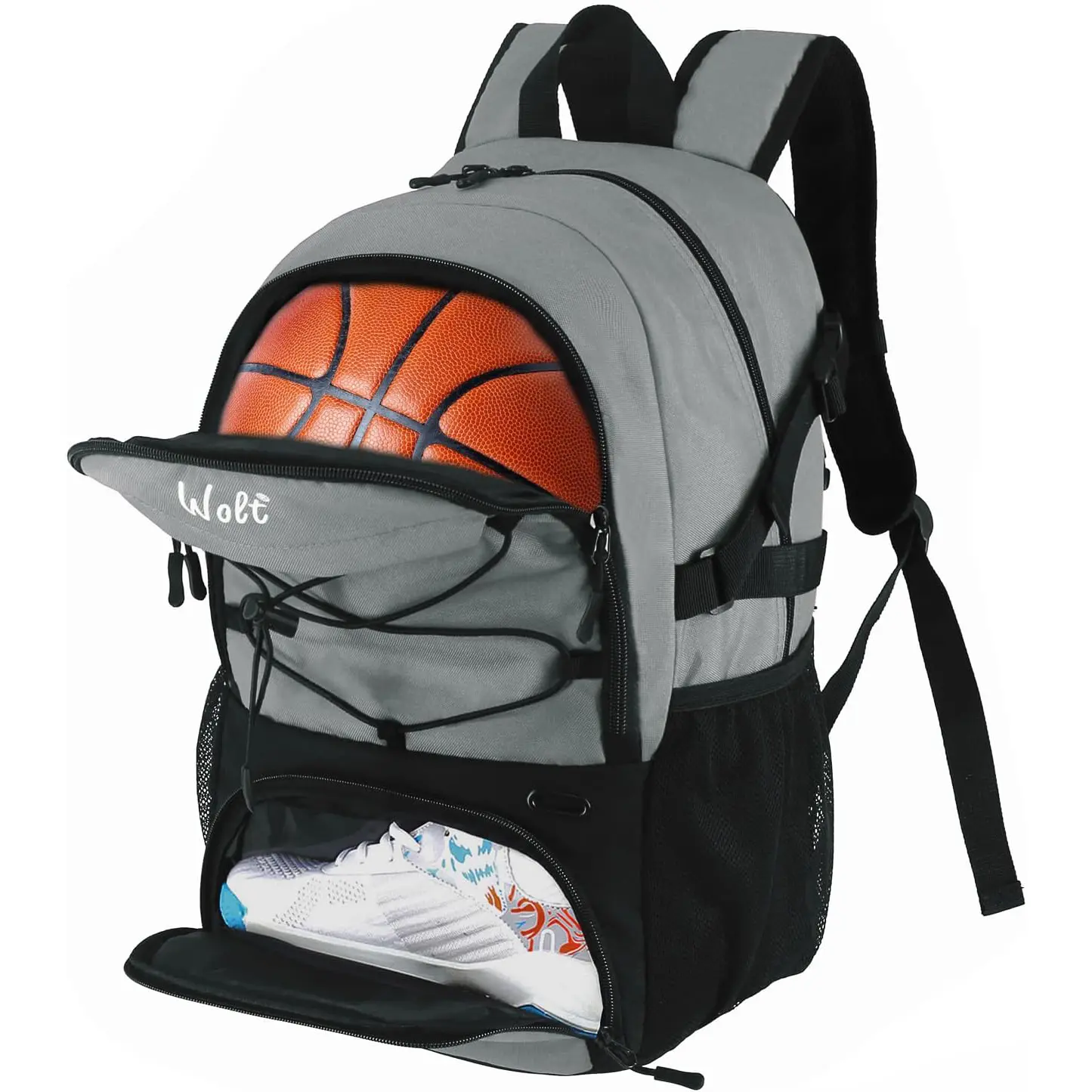 Wolt Unisex Large Durable Oxford Fabric Sports Backpack - Water Resistant Gym Bag with Contoured Cushioned Back, Large Storage, Separate Ball Holder, Vented Shoes Compartment, Padded Straps for Basketball, Football, Gym Sports, Contoured Back