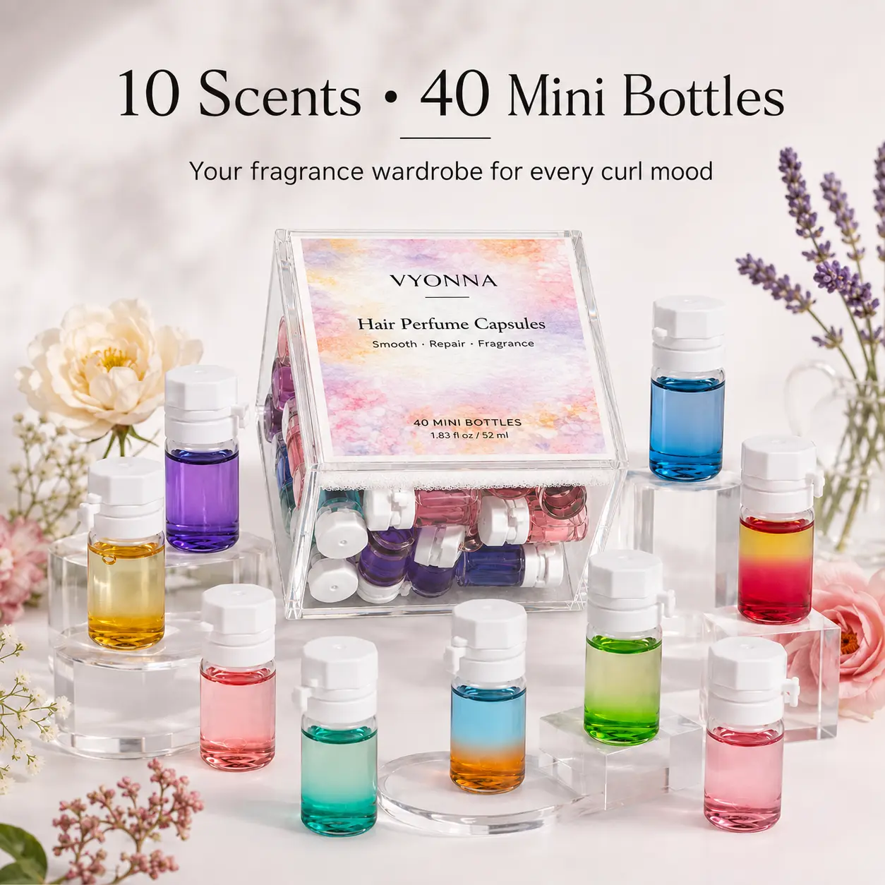 VYONNA Hair Perfume Oil Capsules, 40 Mini Bottles Leave-In Hair Serum for Permed, Curly & Heat-Styled Hair, Argan & Avocado Oil Hair Treatment for Frizz, Dry Ends, Shine, Travel Size Scented Hair Oil Daily Nourishing,Beautiful gift options