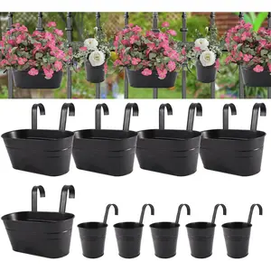 Metal Iron Flower Pots for Railing Fence  Bucket Pots(5 Pcs) and  Flower Pots Metal Iron Bucket Planter(10 Pcs) (Black)