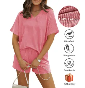 Women’s Ribbed 2 Piece Lounge Set Short Sleeve Top & Shorts Matching Set for Casual Summer Outfits Soft Knit Fabric with Pockets SummerVibes