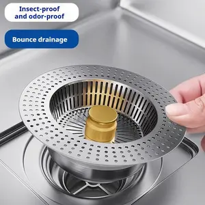 Upgraded 304 stainless steel 3-in-1 pop-up sink strainer stopper, anti-clog deodorizing lift handle design for US 3-1/2 inch kitchen sinks