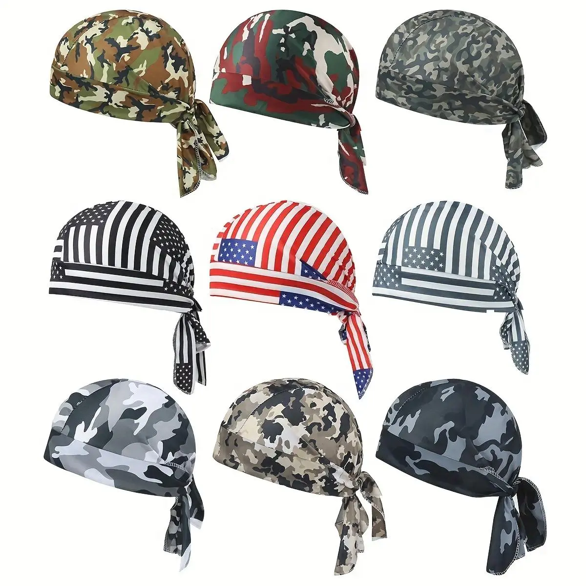 9Pcs Unisex Cooling Sweat-Wicking Durags, Breathable Polyester Fitted Caps, Camo & American Flag Designs, All-Season Sports Outdoor Headwear for Men, Motorcycle Running Accessories,back to school,back to school haul