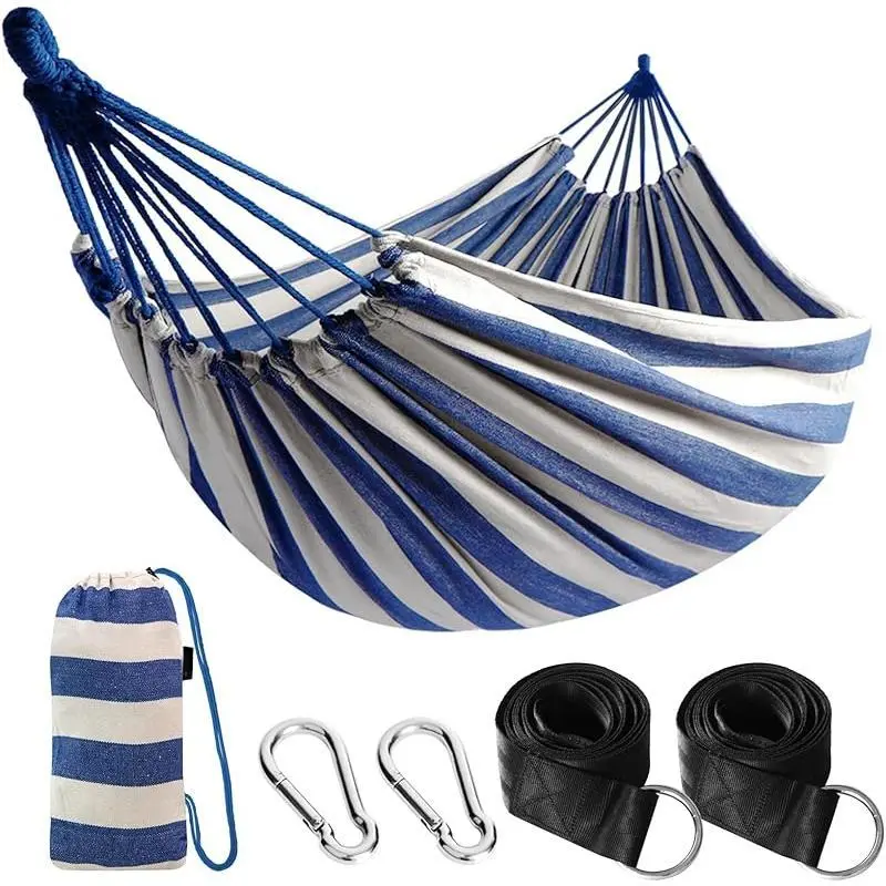 Cotton Hammock Portable Camping Hammocks for Hanging Sturdy Garden Comfortable Fabric Hammock with Tree Straps Up to 660lbs with Travel Bag for Camping Outdoor/Indoor Patio Backyard
