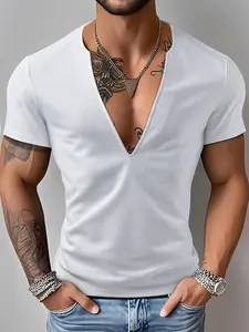 Men's Textured Waffle Deep V-Neck Short Sleeve Fashion Outdoor Casual Top, Stylish Summer Wear, Comfortable and Breathable