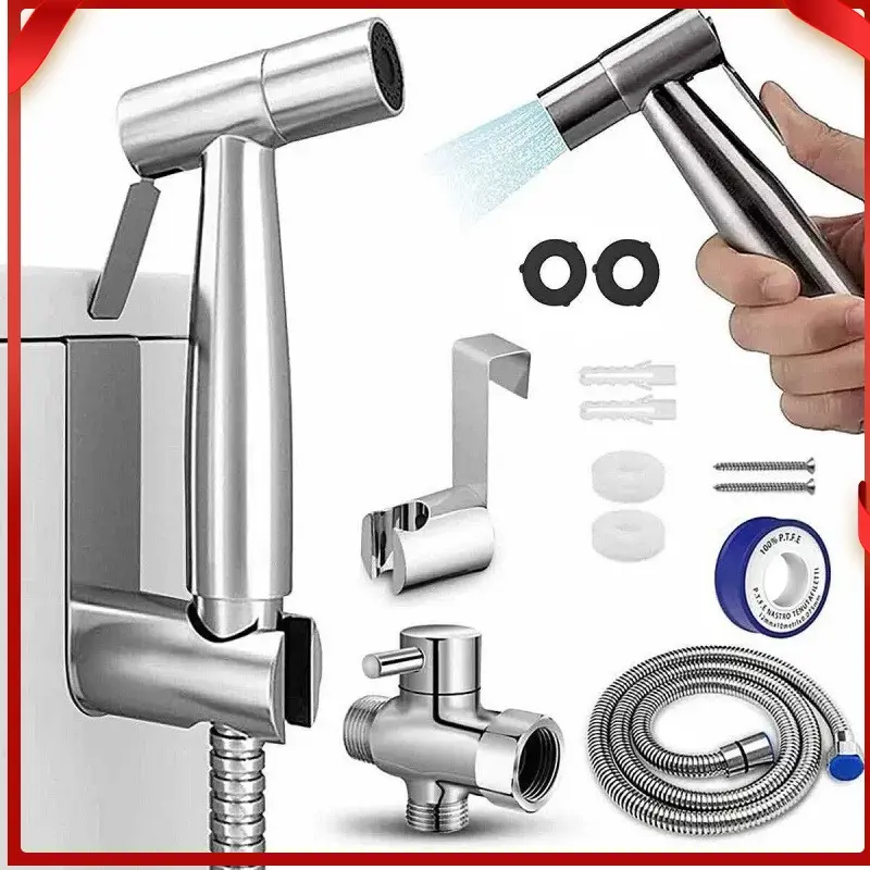 (bathroom bidet sprayer) Nickel Finish Handheld Bidet Toilet Sprayer Kit with Hose, Adjustable Jet Shower Head, Ergonomic Design, Valve & Installation Instructions - Hygienic Bidet Attachments for Toilet, Bathroom Accessory