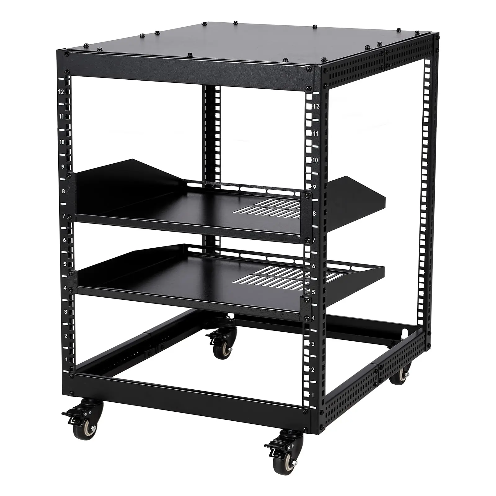 GARVEE Open Frame Server Rack, 10U & 12U Sizes, Adjustable Depth 23''-40'', Wall Mount & Free Standing, Includes 4 Lockable Casters & 2pcs 1U Shelves, Secure IT/AV Equipment Storage