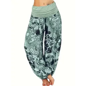 Plus Size Boho Harem Pants - Vintage Floral Print with Ruched Waist. Lightweight Khaki Fabric, Comfortable Baggy Fit for Vacation & All Seasons. | Bottoms Womenswear