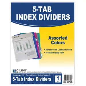 212 MAIN Archival Quality Poly 5-Tab Index Dividers, Assorted Colors, 5 Standard Tabs, Office Stationery Supplies, Ring Binder Compatible, Home Office Accessories - Pack of 12