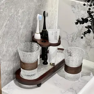 Vintage-Style Toothbrush Holder with a Mouthwash Cup, a Retro Aesthetic for Organizing Care Items on The Bathroom Countertop