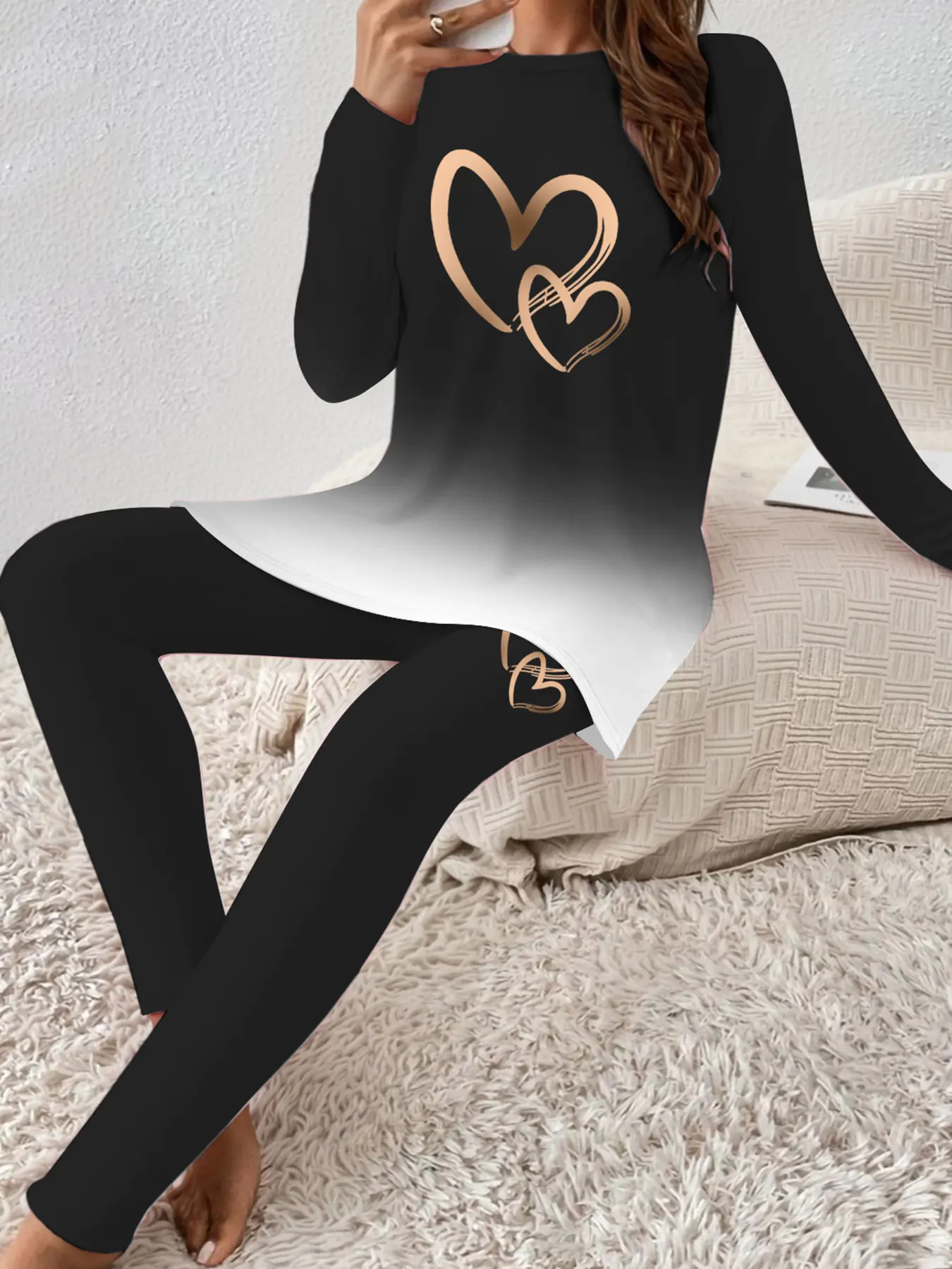 Women's Ombre Print Long Sleeve Sweatshirt & Elastic Waist Pants Two-piece Set, Casual Round Neck Pullover & Skinny Trousers for Spring & Fall, Women's Clothes for Daily Wear, Everyday
