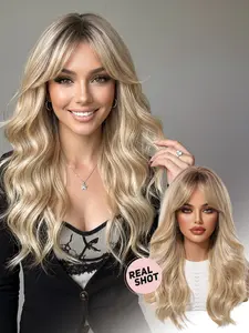 Milk Tea Gold Highlights Long Curly Wig, Mechanically Made Synthetic Fiber, Natural Softness, Daily Use, All Seasons