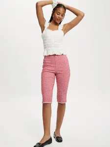 Women's Plaid Seven-Quarter Pants, Summer Lightweight Breathable Straight Leg, High Waist Elastic Drawstring, Casual Office Wear Straight Leg Capri Pants Loose Fit Capri Pants Slim Fit Capri Pants Stretch Capri Pants Elastic Waist Capri Pants High Waisted