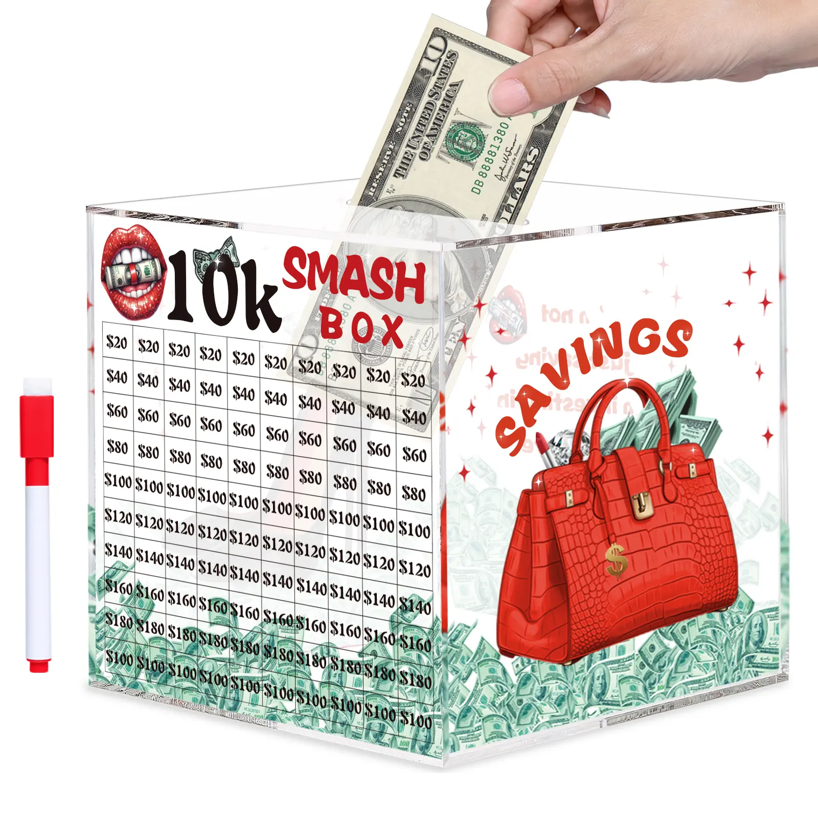 10k Smash Box for Money, Large Piggy Bank for Adults 10000 Savings Challenge Box, Money Saving Box for Cash, Big Unbreakable Clear Acrylic Money Saver Must Break to Open