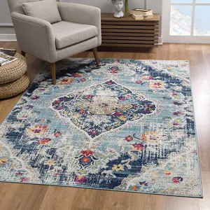 HomeRoots Decorative Low Pile Area Rug, 8 x 11 ft. Blue Distressed Medallion Household Textile Carpet, Decorative Area Rug, Low Pile Rugs