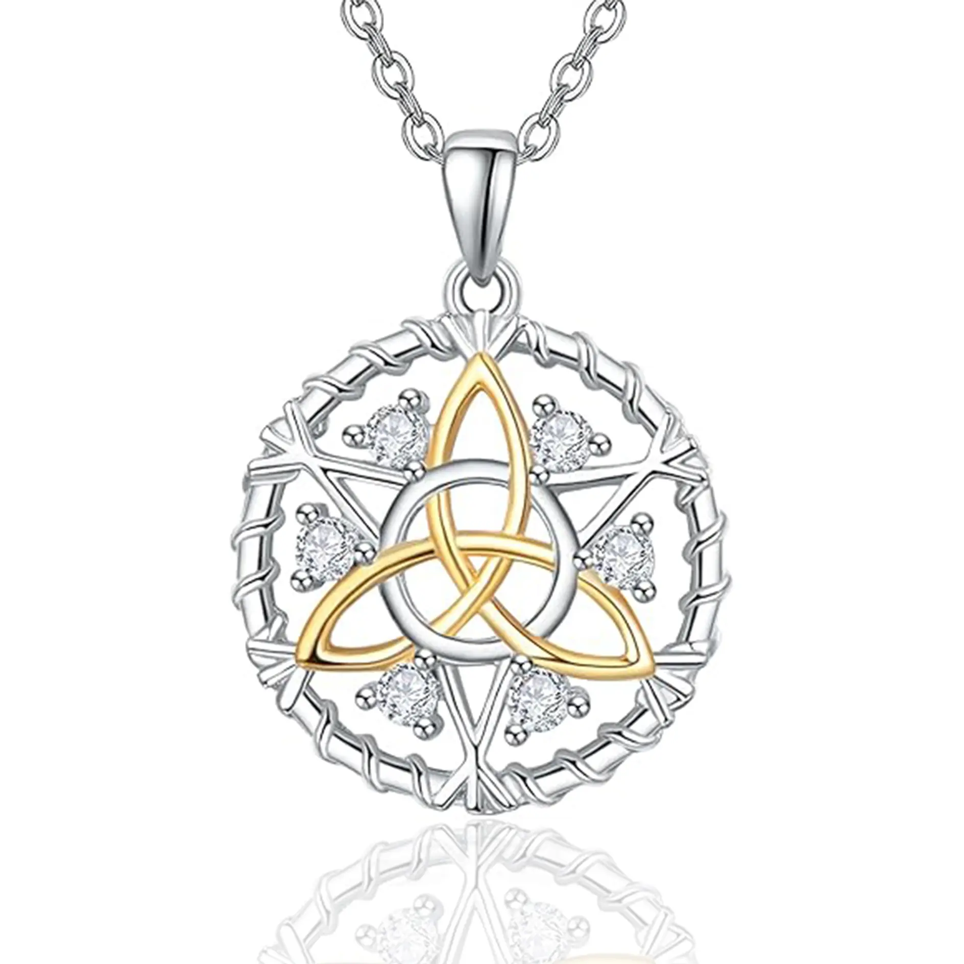 Women's 925 Sterling Silver Trinity Knot Crystal Necklace - 3A-Grade Cubic Zirconia, 2-Toned Gold-Silver Hypoallergenic Symbolic Jewelry for Birthday, Anniversary Gifting & Necklace Layering